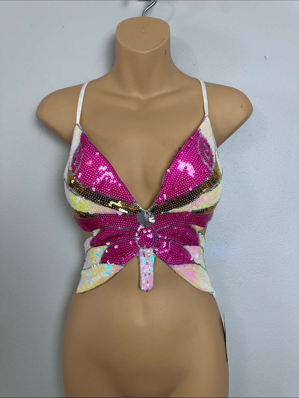 Sequin Butterfly Tie-Front Crop Top - Pink